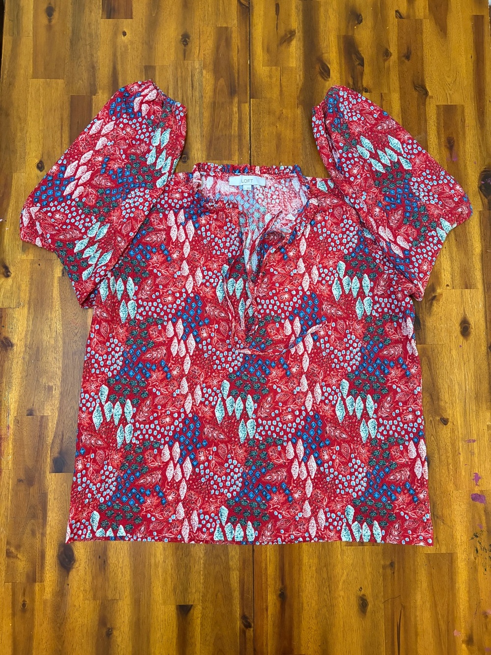 LOFT Red Floral Puff-Sleeve Square-Neck Blouse size large